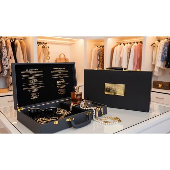 Couture Black & Gold Briefcase | D’OR 24K Prestige Vanity Organizer | Gift Box - Picture 1 of 13